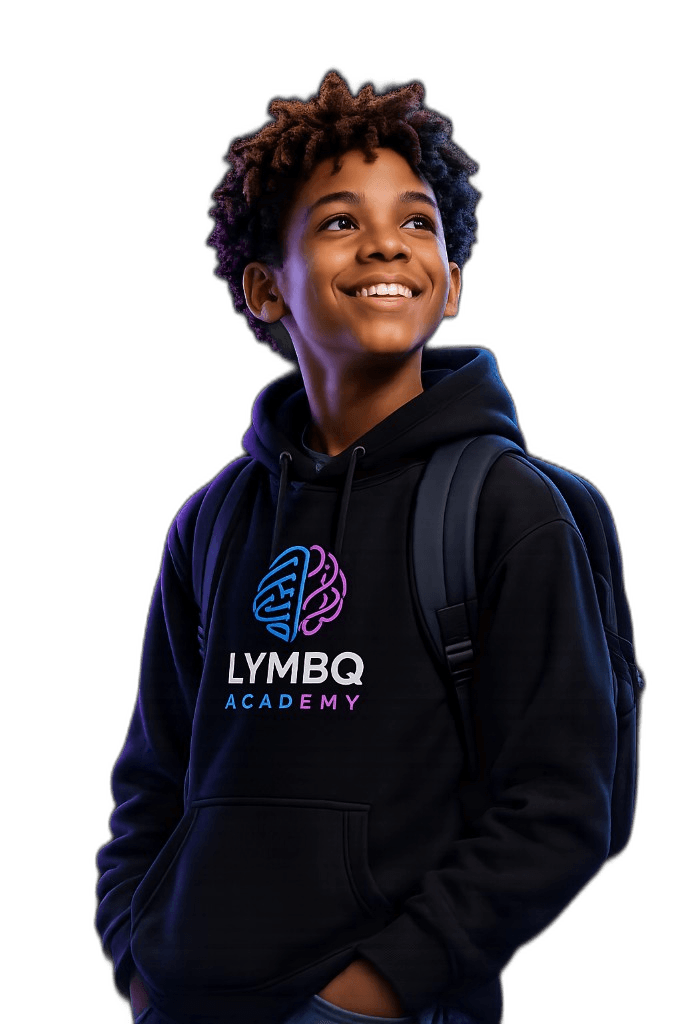 Student wearing a LYMBQ hoodie, shown beside a preview of the learning experience